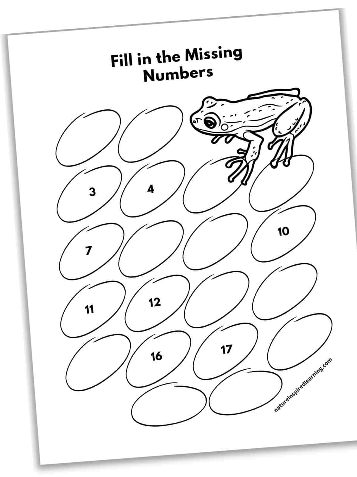 worksheet with a black and white frog upper right and twenty lily pads. Some lily pads have numbers others are blank.