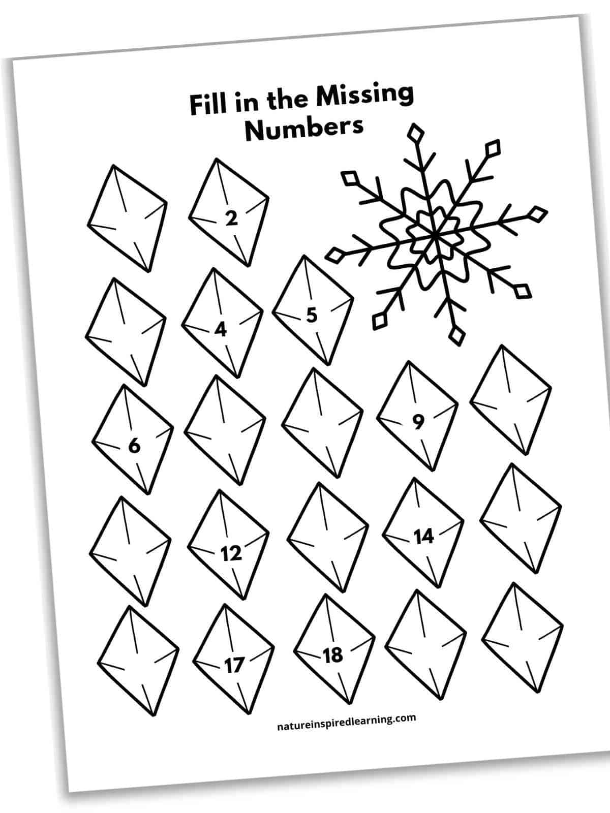 worksheet with a snowflake and ice crystals with numbers up to 20 within the crystals on the sheet. 11 of the 20 numbers missing
