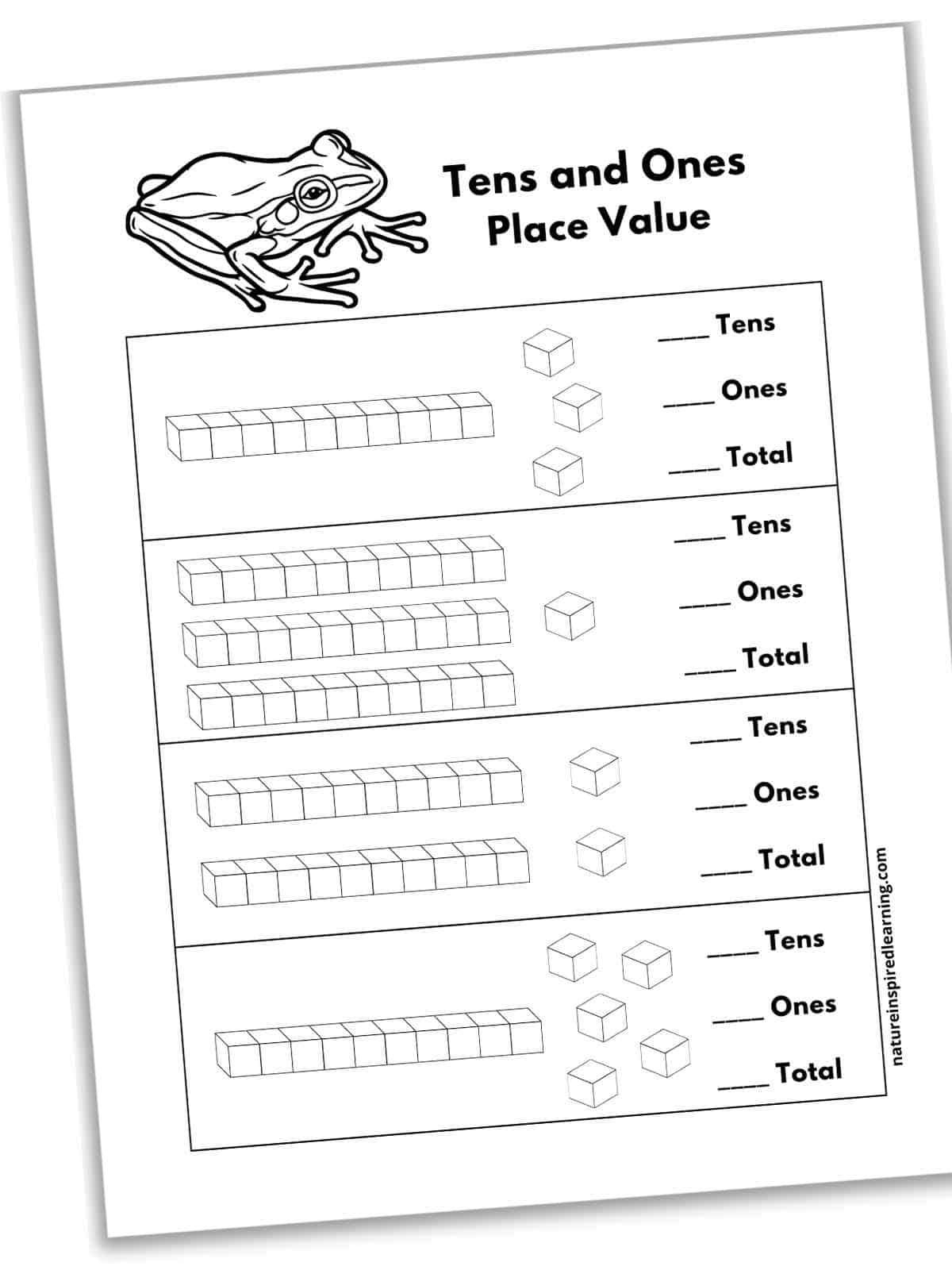 worksheet with ones and tens cubes math problems with a tree frog at top