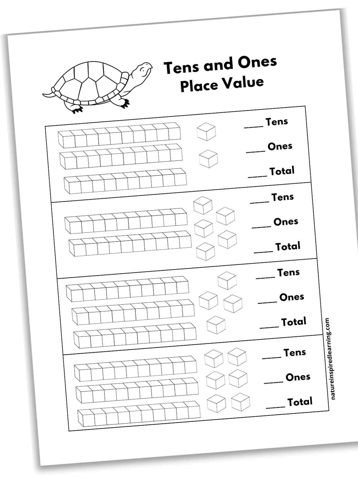 worksheet with ones and tens cubes math problems with a turtle at top