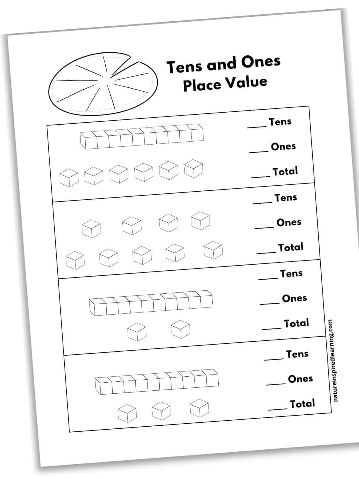 worksheet with ones and tens cubes math problems with a lily pad at top