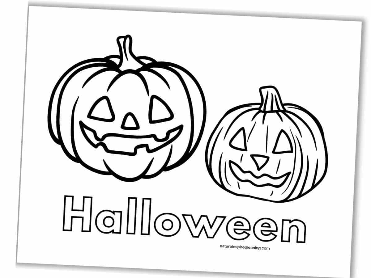 Printable with two carved pumpkins one large one small next to each other with the word Halloween below in outline form
