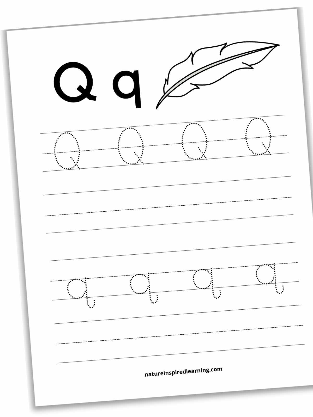 Worksheet with capital and lowercase Q's to trace, blank lines and a black and white quill at the top