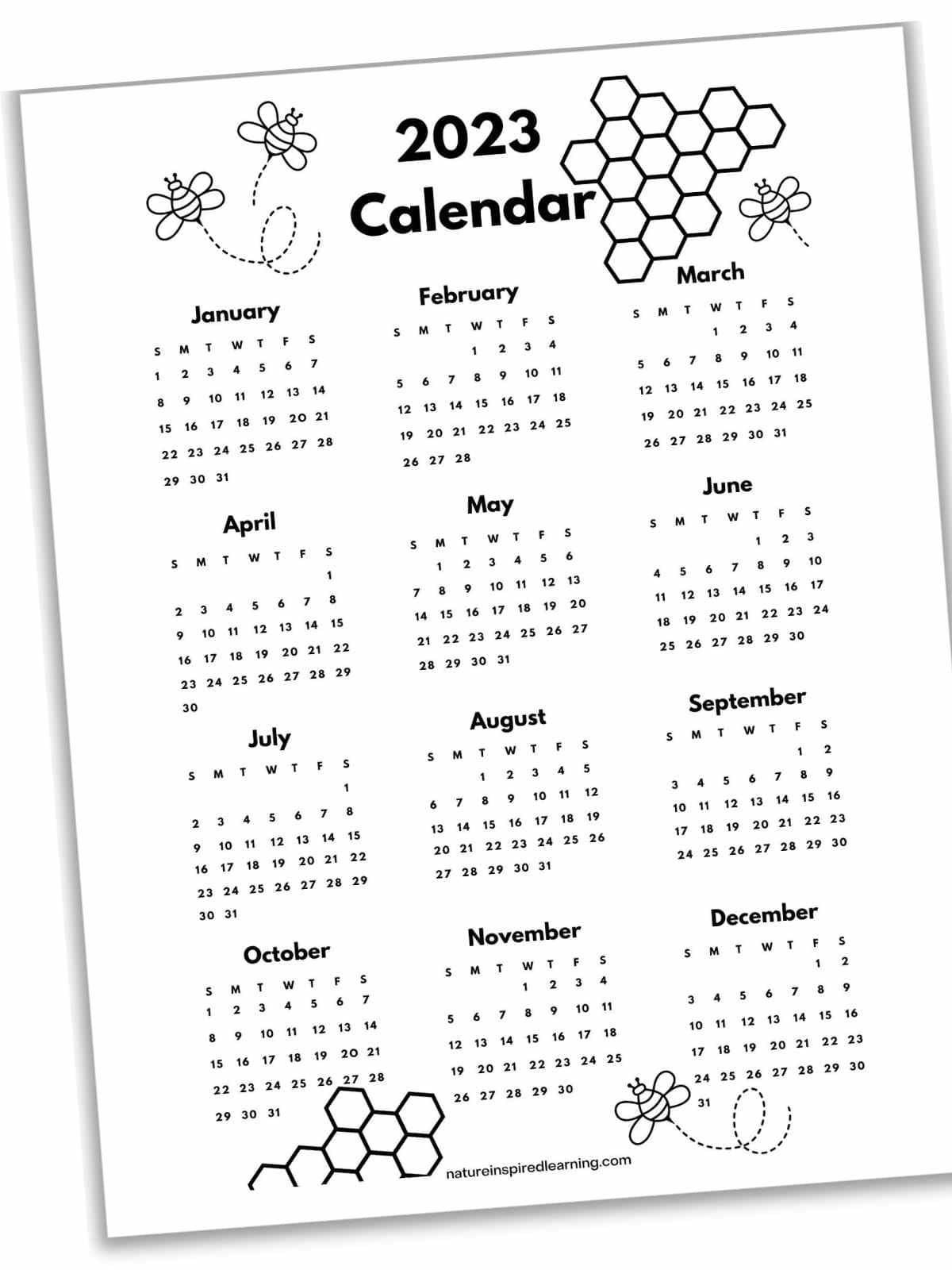 bee themed black and white printable yearly calendar for 2023 with each month on one page