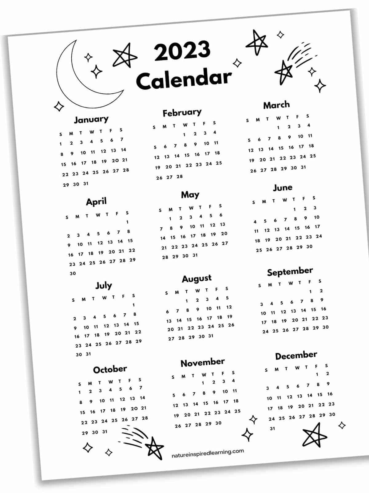 star and moon space themed black and white printable yearly calendar for 2023 with each month on one page