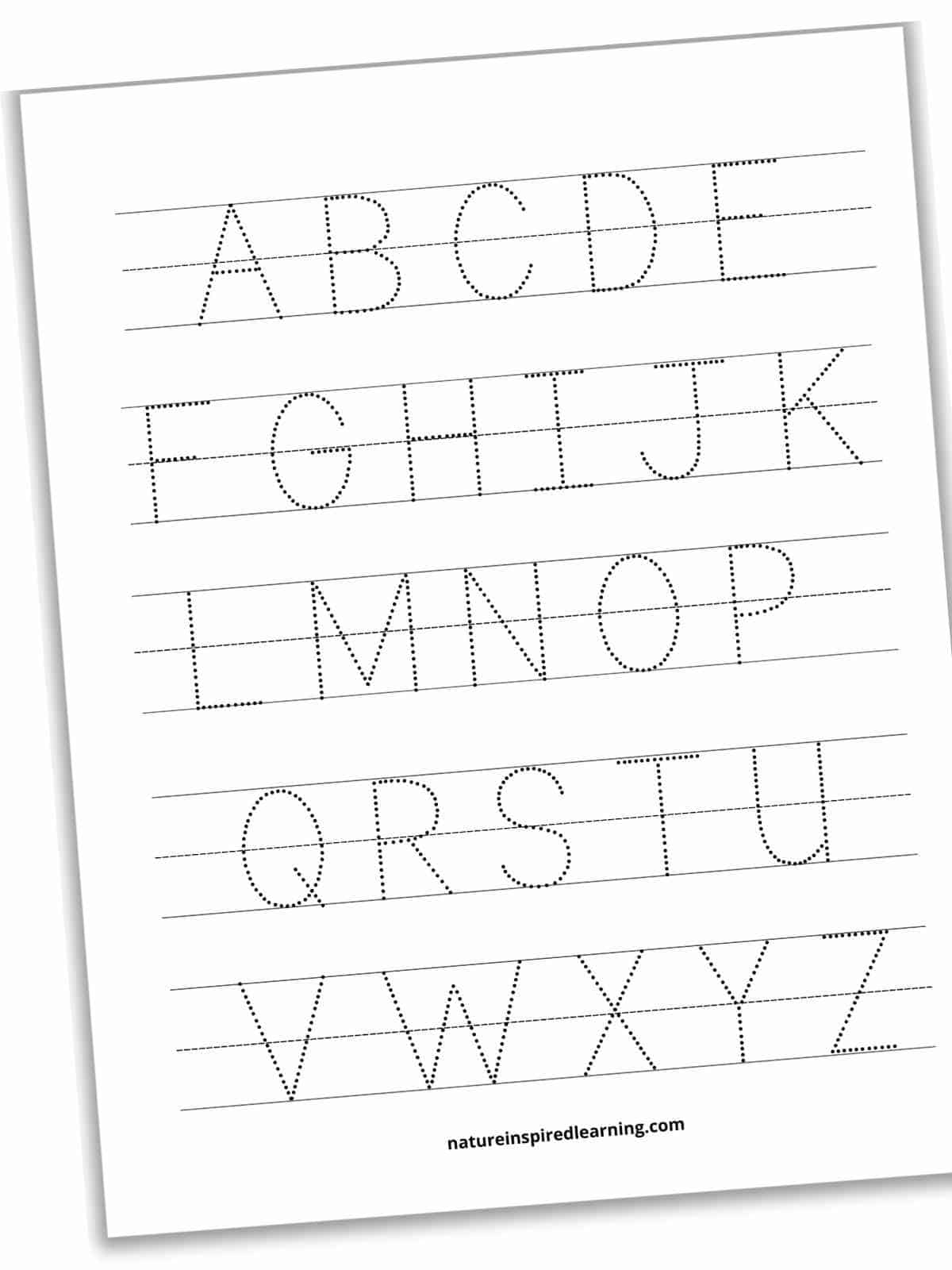 worksheet with five sets of lines with capital letters A through Z in a dot font on the lines