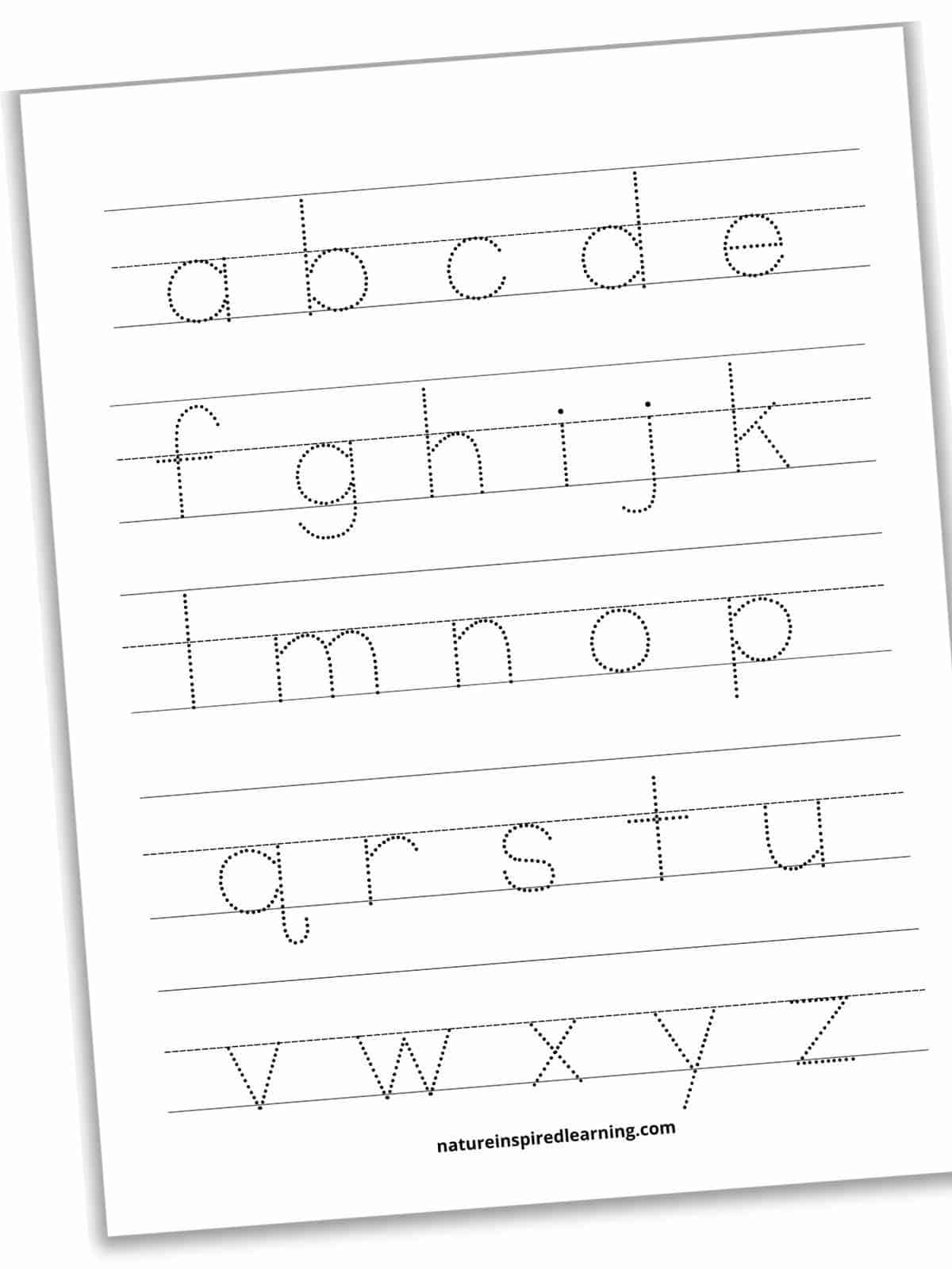 worksheet with set of five lines with lowercase letters a through z on the lines in a dot font
