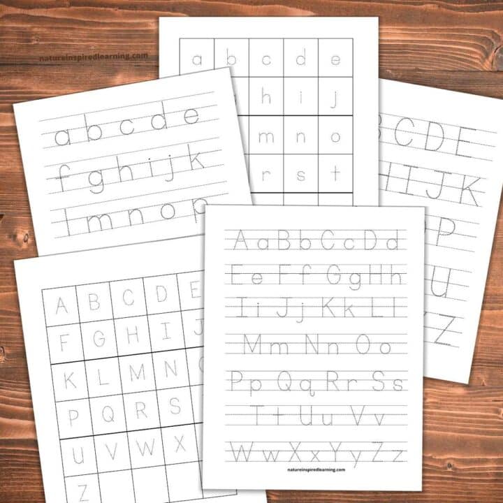 collection of five alphabet worksheets with traceable uppercase and lowercase letters on a wooden background