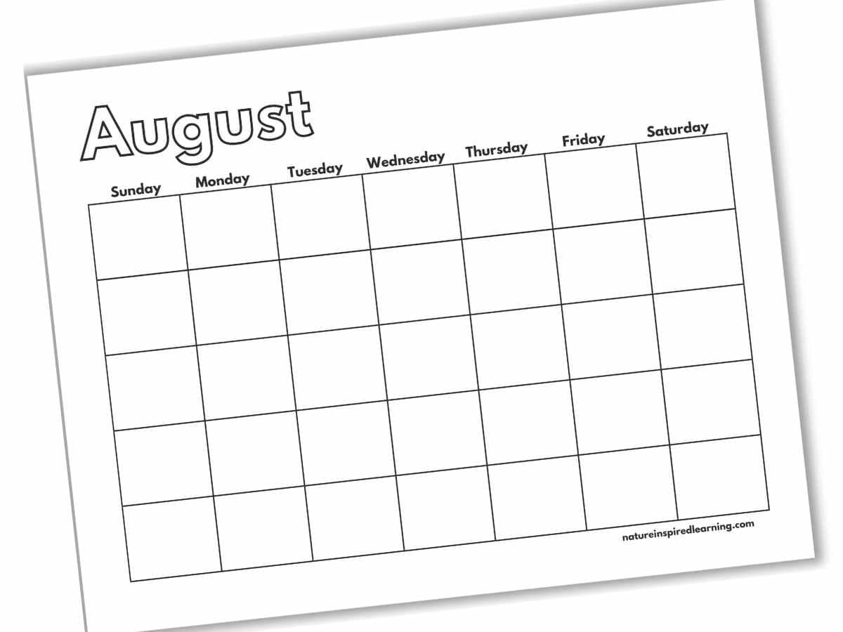 blank calendar printable for the month of August with Sunday through Saturday across the top with empty square grids below