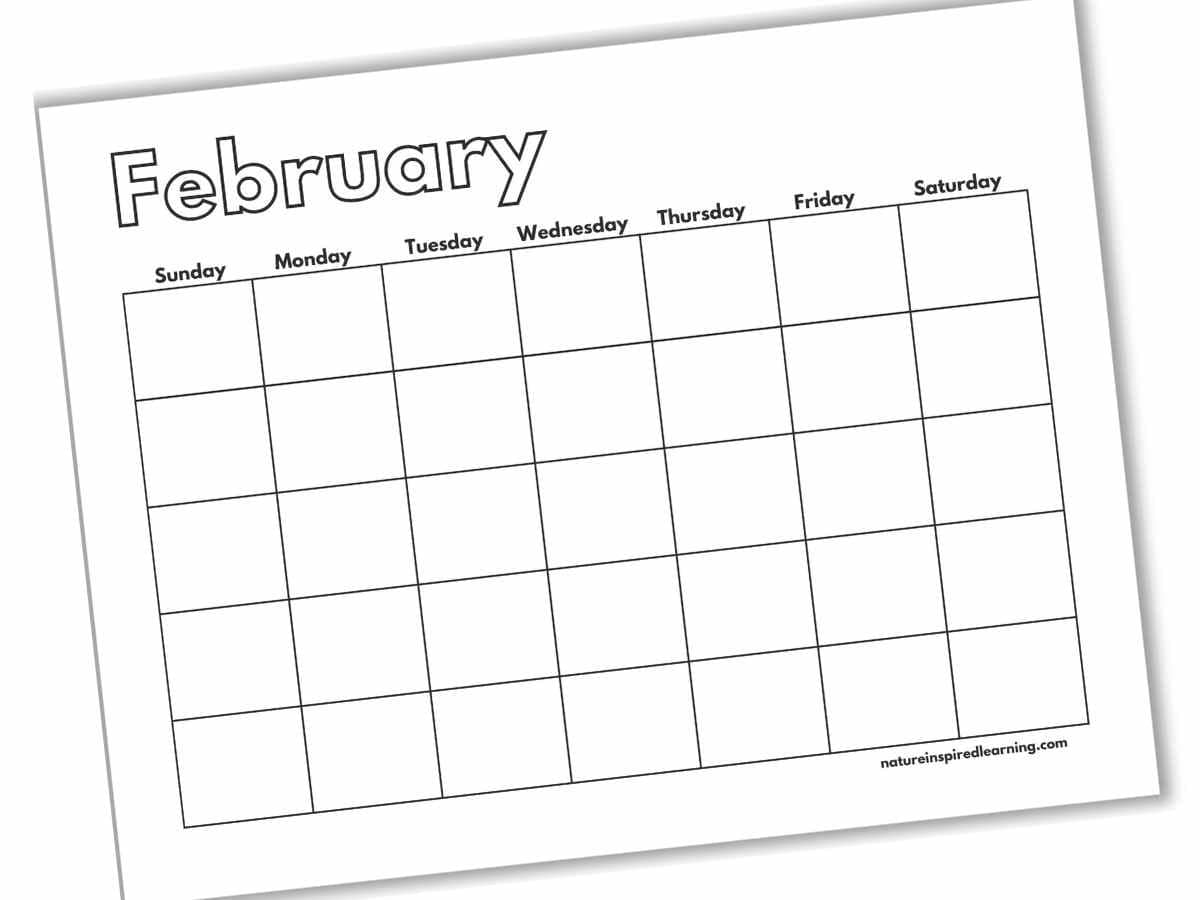 blank calendar printable for the month of February with Sunday through Saturday across the top with empty square grids below