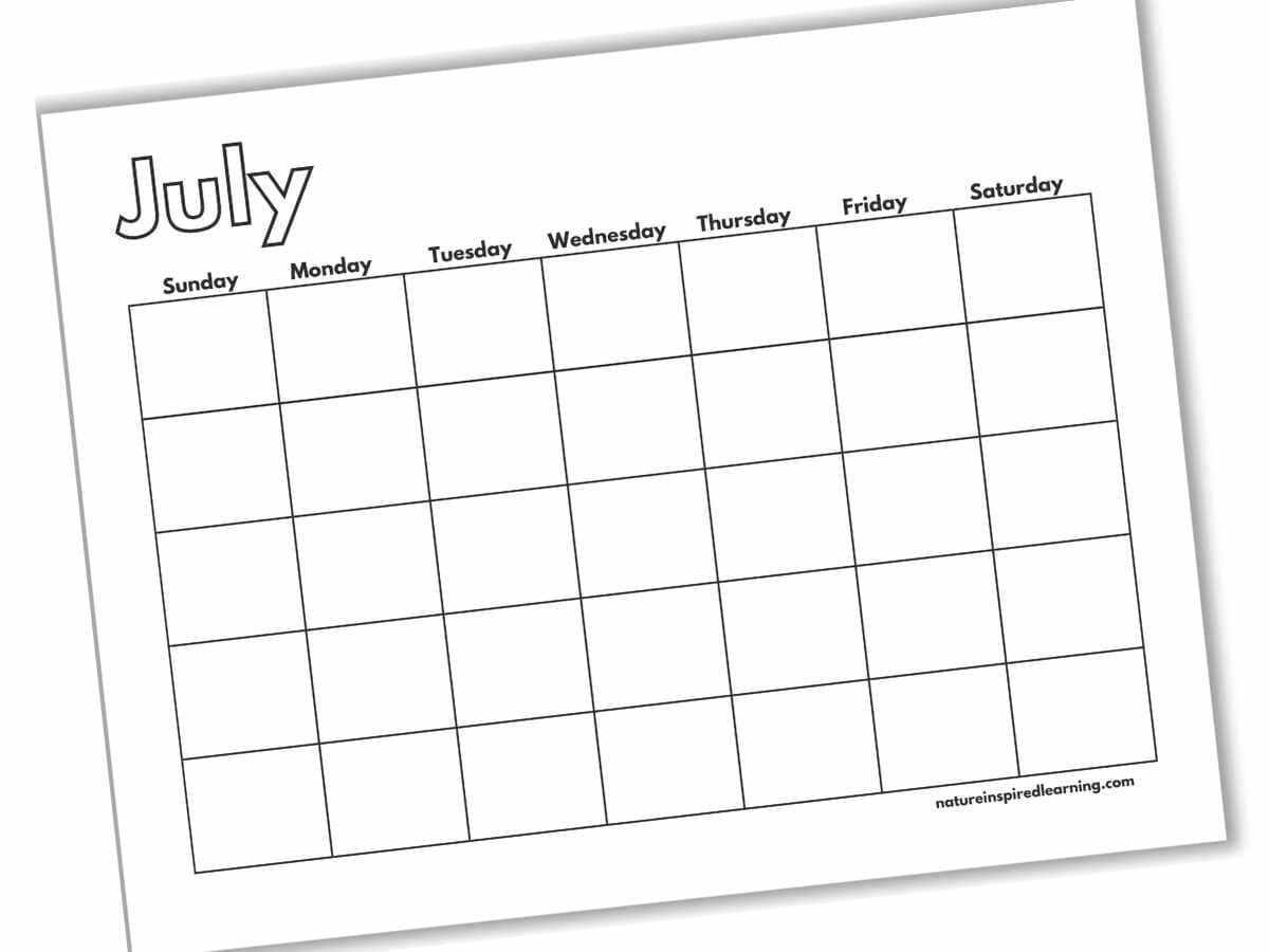 blank calendar printable for the month of July with Sunday through Saturday across the top with empty square grids below