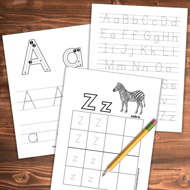 three letter worksheets overlapping on a wooden background with a pencil on top of the letter z printable.