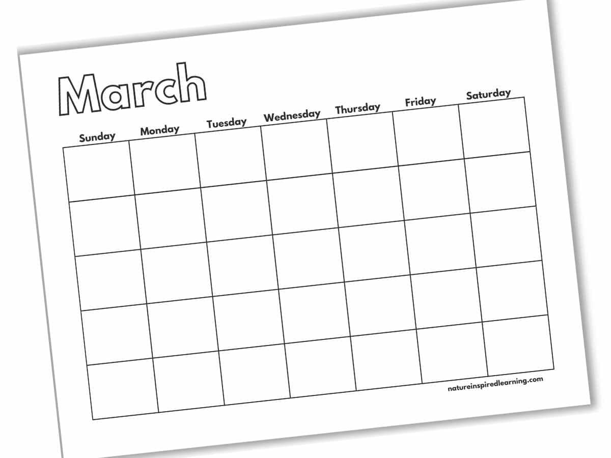 blank calendar printable for the month of March with Sunday through Saturday across the top with empty square grids below