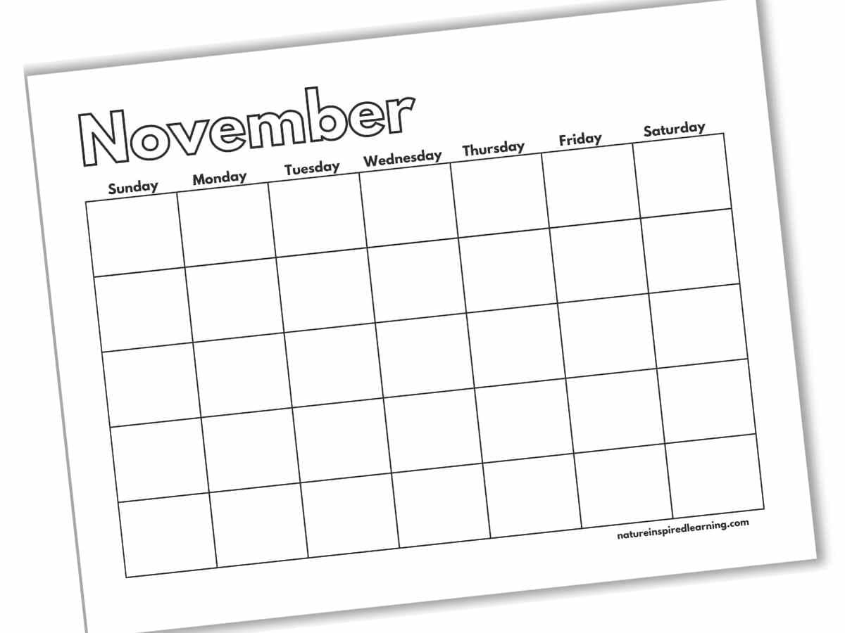 blank calendar printable for the month of November with Sunday through Saturday across the top with empty square grids below