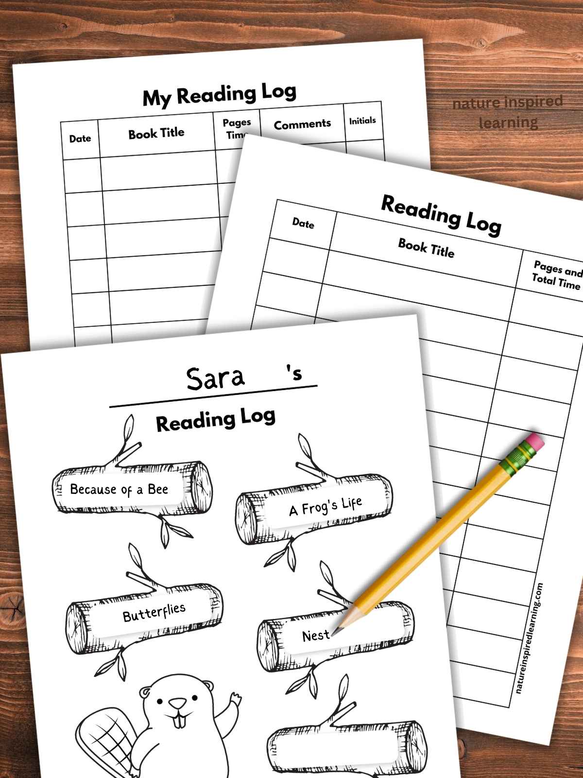 three printable reading logs overlapping on a wooden background with a pencil on top