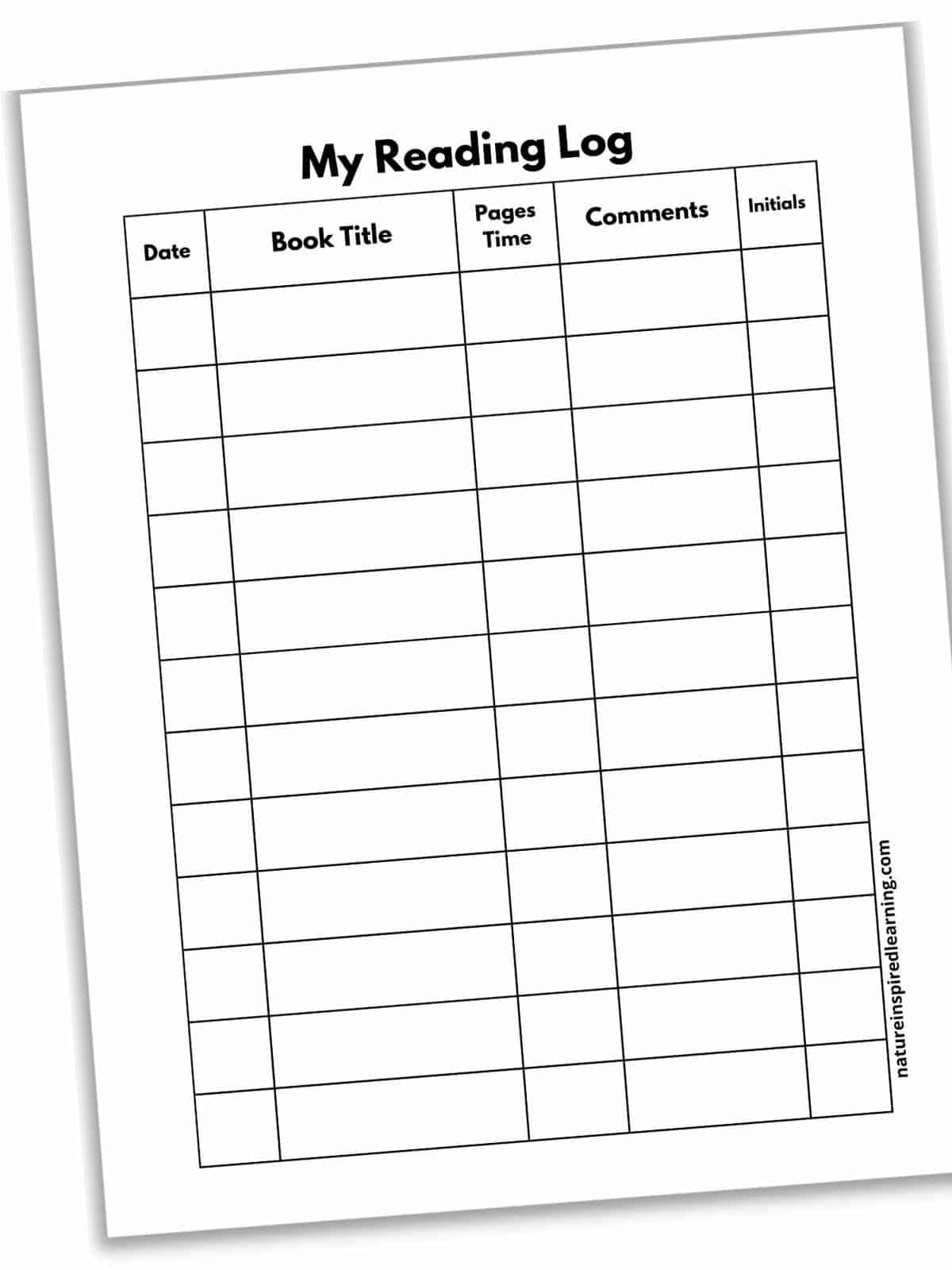 My reading log printable with rows and columns