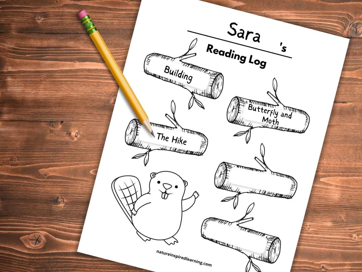 printable reading log with wooden logs and a beaver design with book titles within the logs on a wooden background with a pencil on the paper