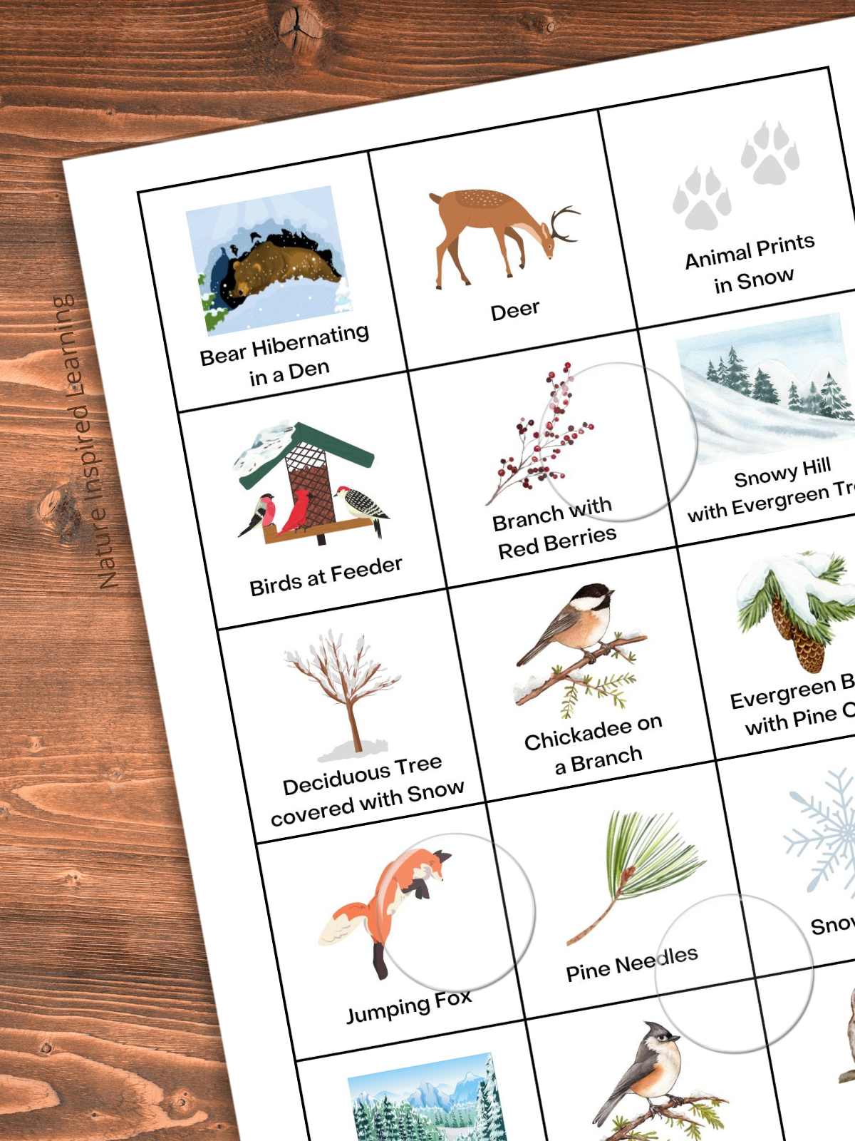 printed out winter bingo calling cards with natural items including a deer, pine needles, and birds on a wooden background with clear bingo chips