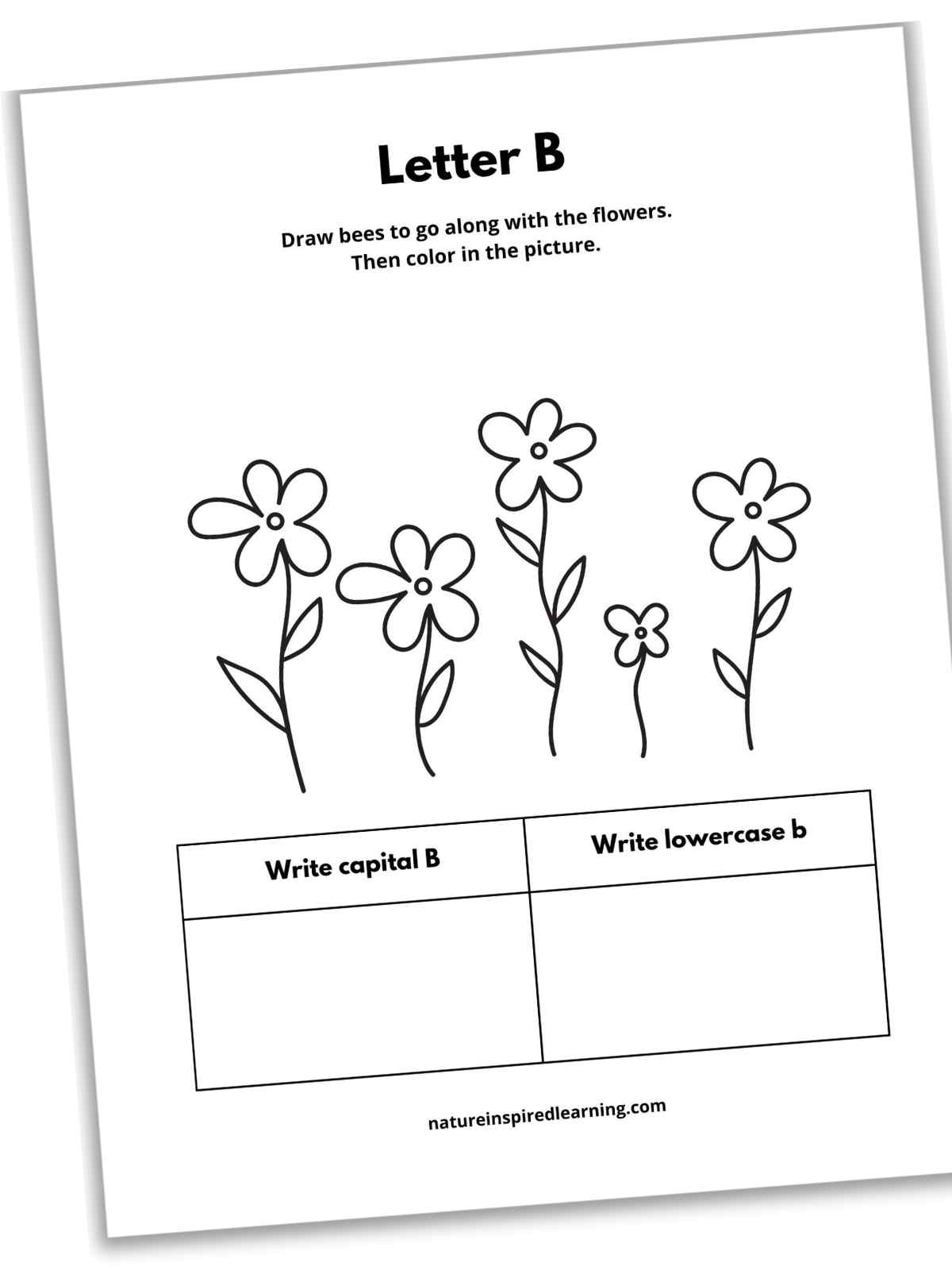 black and white letter b worksheet slanted with a writing prompt, flowers, and a grid