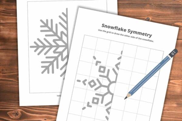 two worksheets with half of a snowflake design on each one with a grid one without overlapping on a wooden background with a blue pencil on the top worksheet