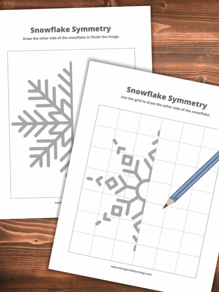 two worksheets with half of a snowflake design on each one with a grid one without overlapping on a wooden background with a blue pencil on the top worksheet