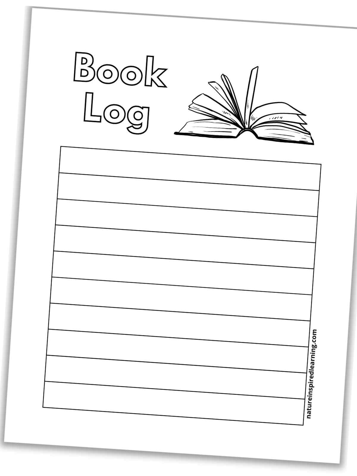 book log printable with an open book clipart above a table with ten rows