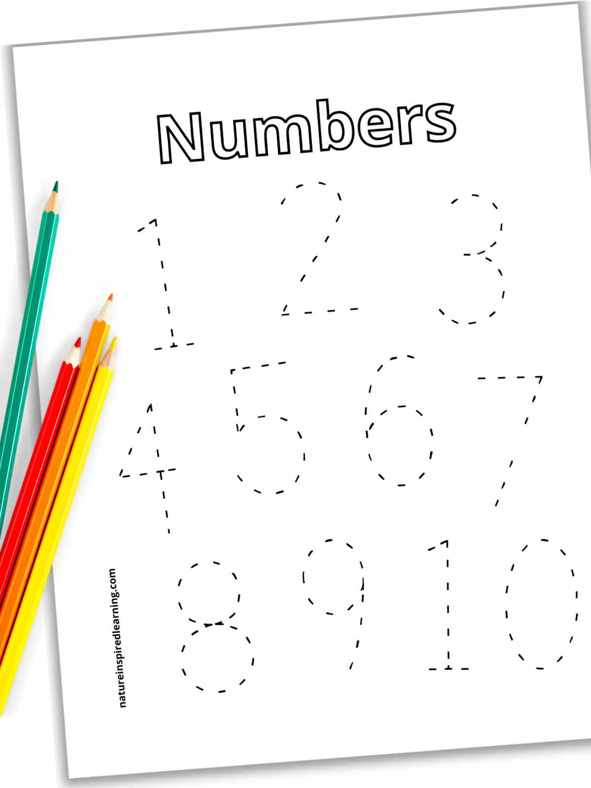 Black and white worksheet with Numbers across the top in outline form with numbers 1-10 in a large traceable font on the sheet with four bright colored pencils on top of the left side.