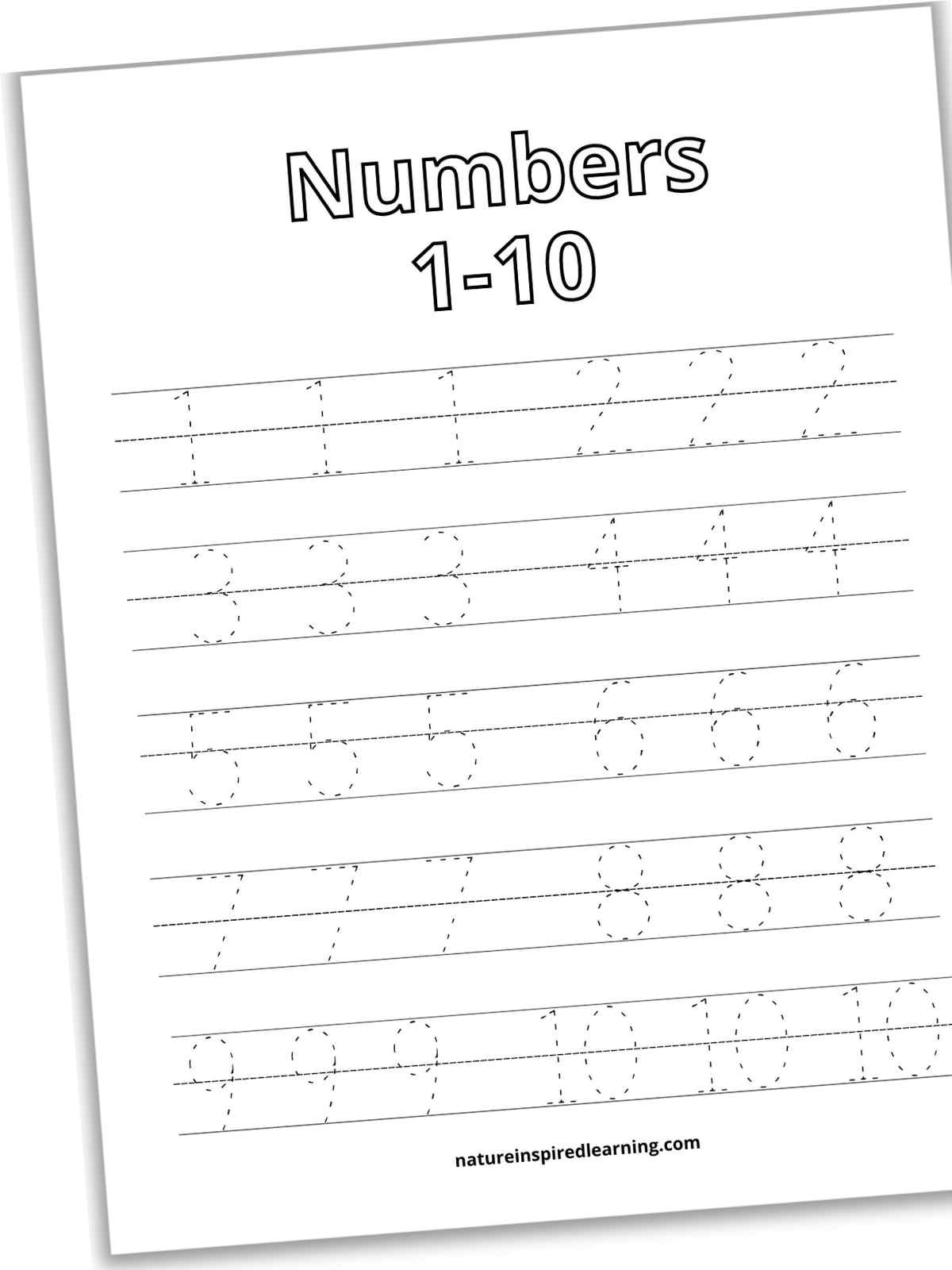 slanted worksheet with numbers 1-10 written in outline form across the top and five rows of lines with traceable numbers 1 through 10 on the lines. Three of each number on the worksheet.