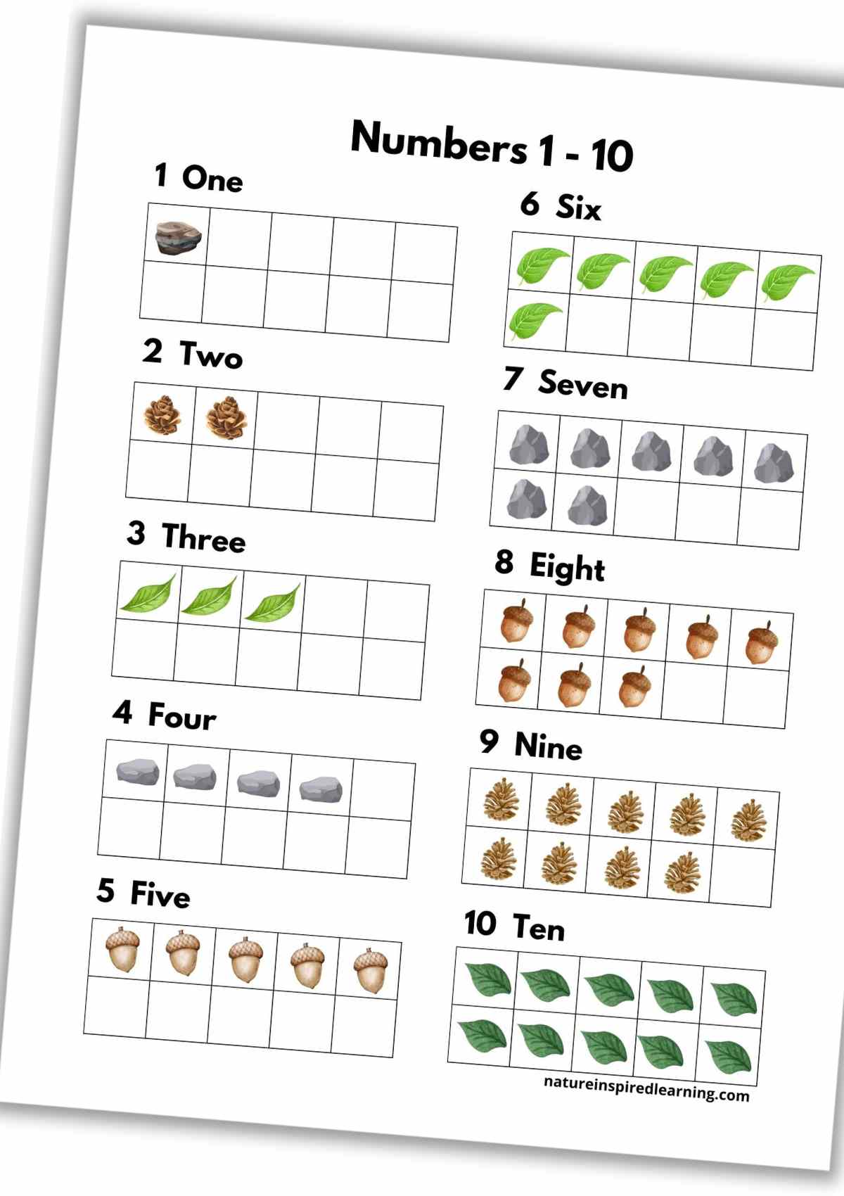 Printed out ten frame printable with numbers 1-10 represented in each frame using nature items including acorns, leaves, and pebbles.