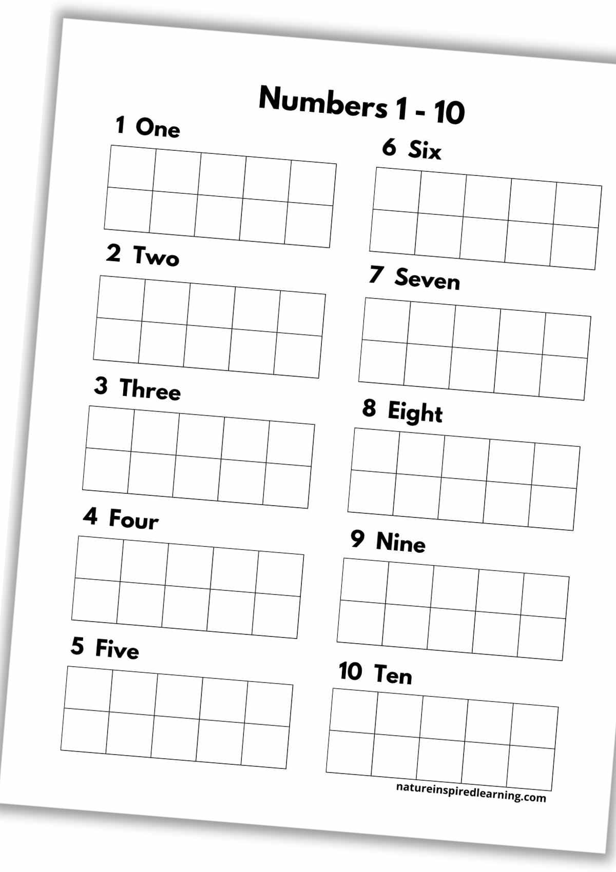 Printed ten frame sheet with ten frames one for each number 1-10 with labels above each frame