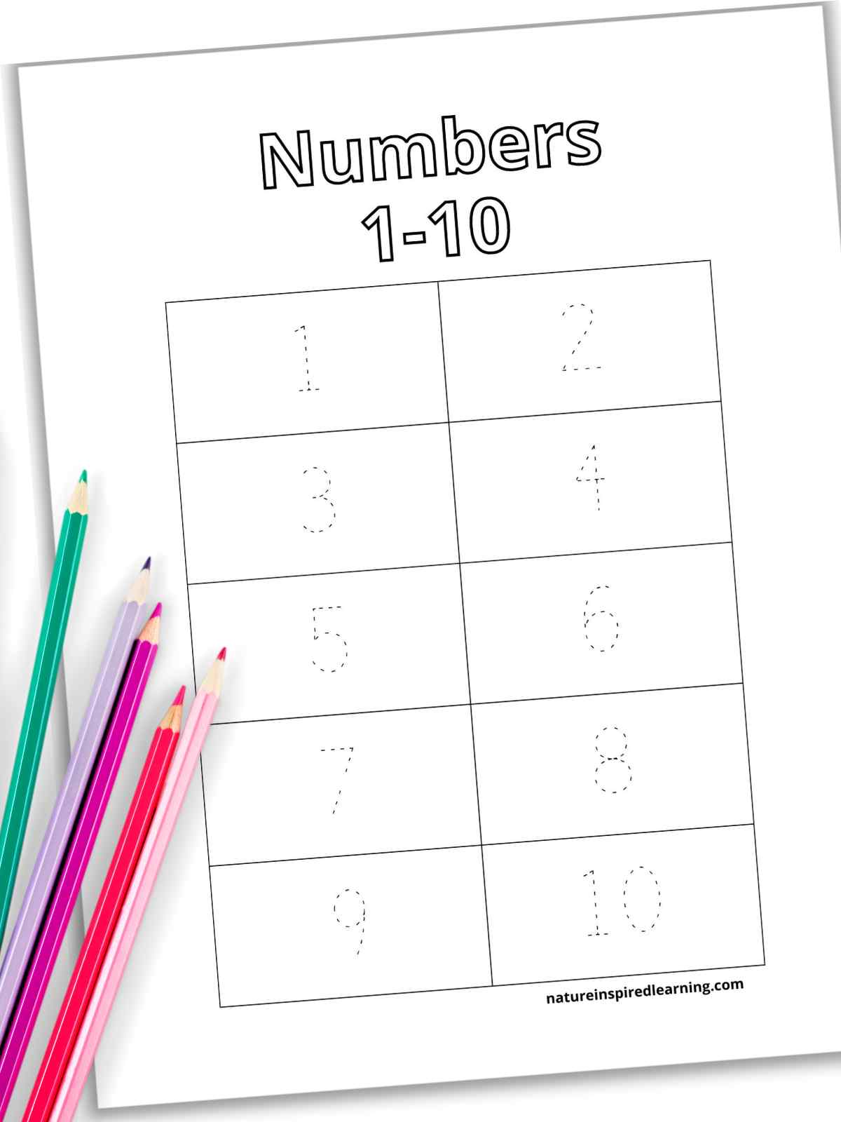 black and white worksheet with a chart with traceable numbers 1-10 with one number within each rectangle. Colored pencils on top of the printable bottom left corner.
