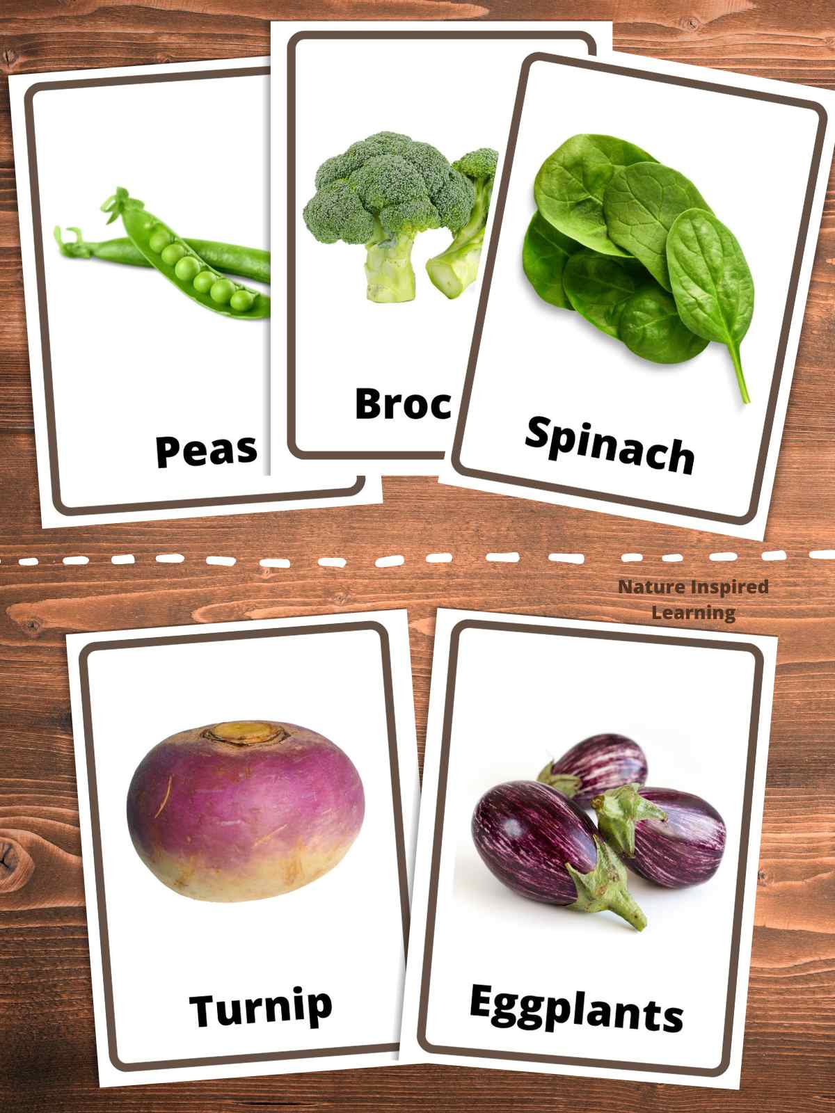 three vegetable flashcards with green veggies: peas, broccoli, and spinach above two purple veggie flashcards with turnip and eggplants.