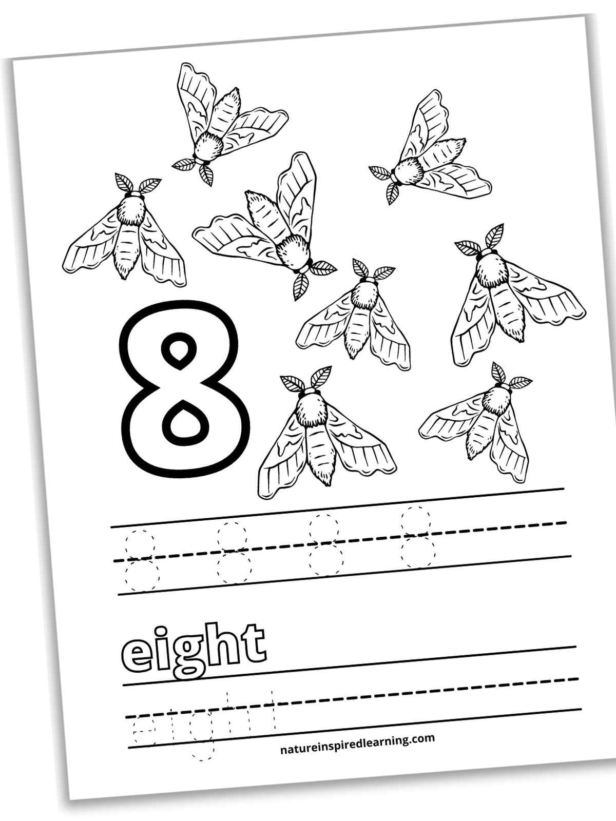 slanted black and white printable with large outline of number 8, eight moths, 8's in traceable font on lines, eight in outline form above eight in traceable font on lines