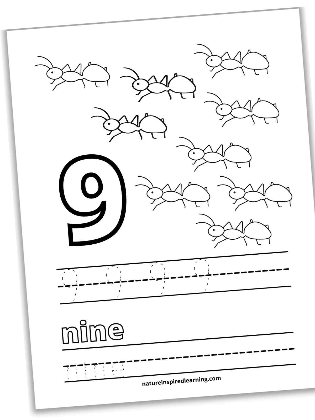 slanted black and white printable with large outline of number 9, nine ants, 9's in traceable font on lines, nine in outline form above lines with nine in traceable font