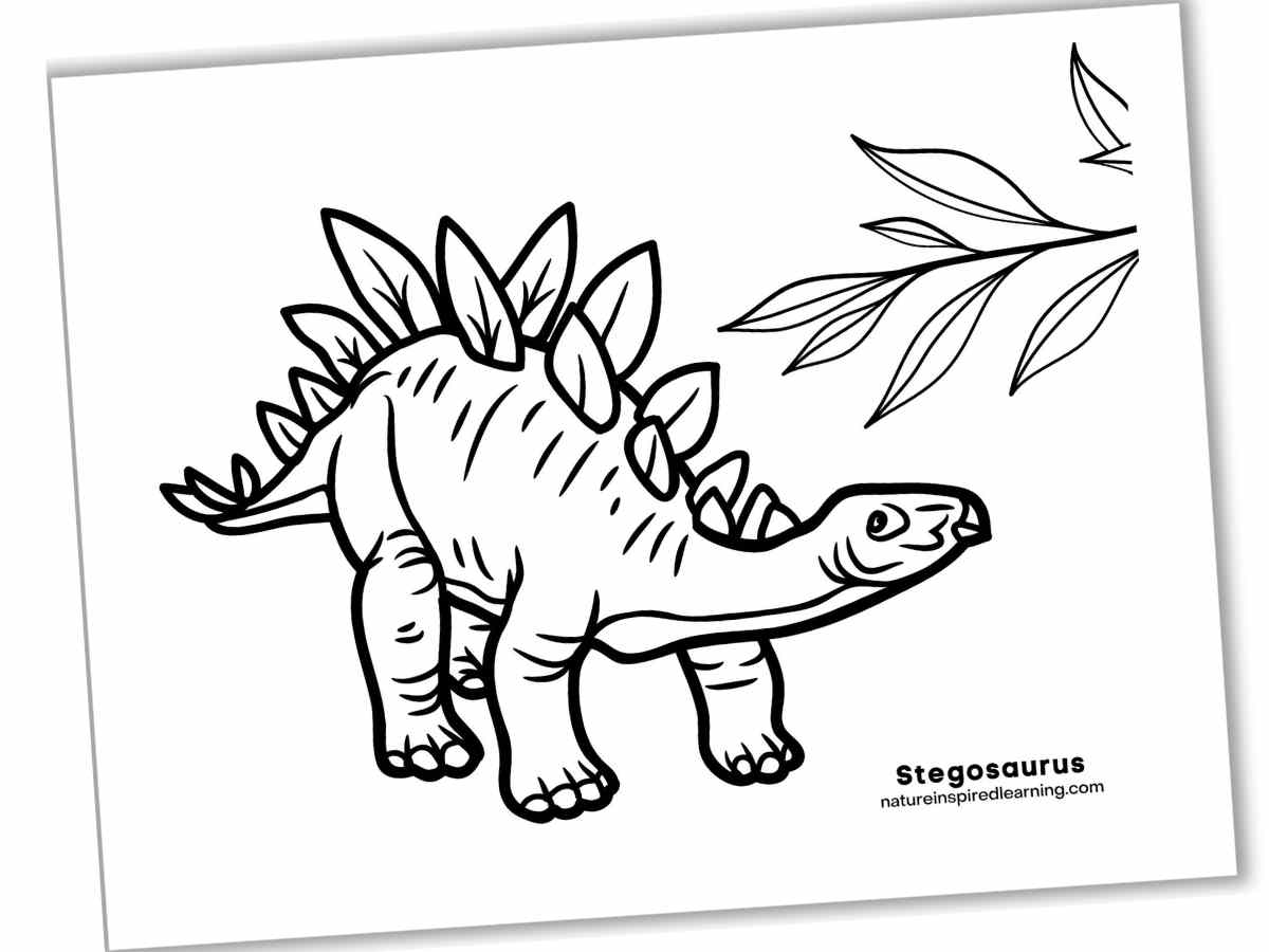black and white printable with the outline of a large stegosaurus with leaf outlines