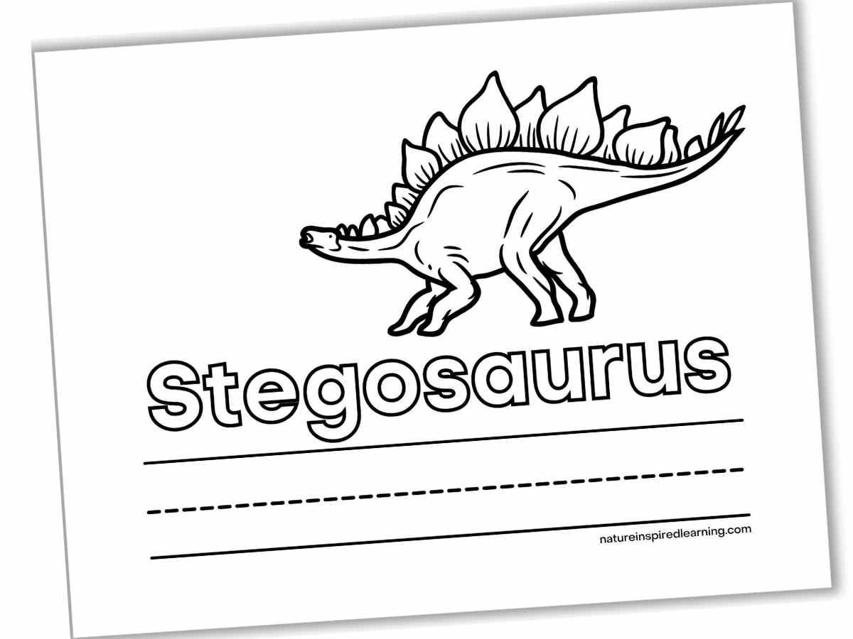 Black and white printable with the word Stegosaurus with lines below with a large dinosaur above in outline form