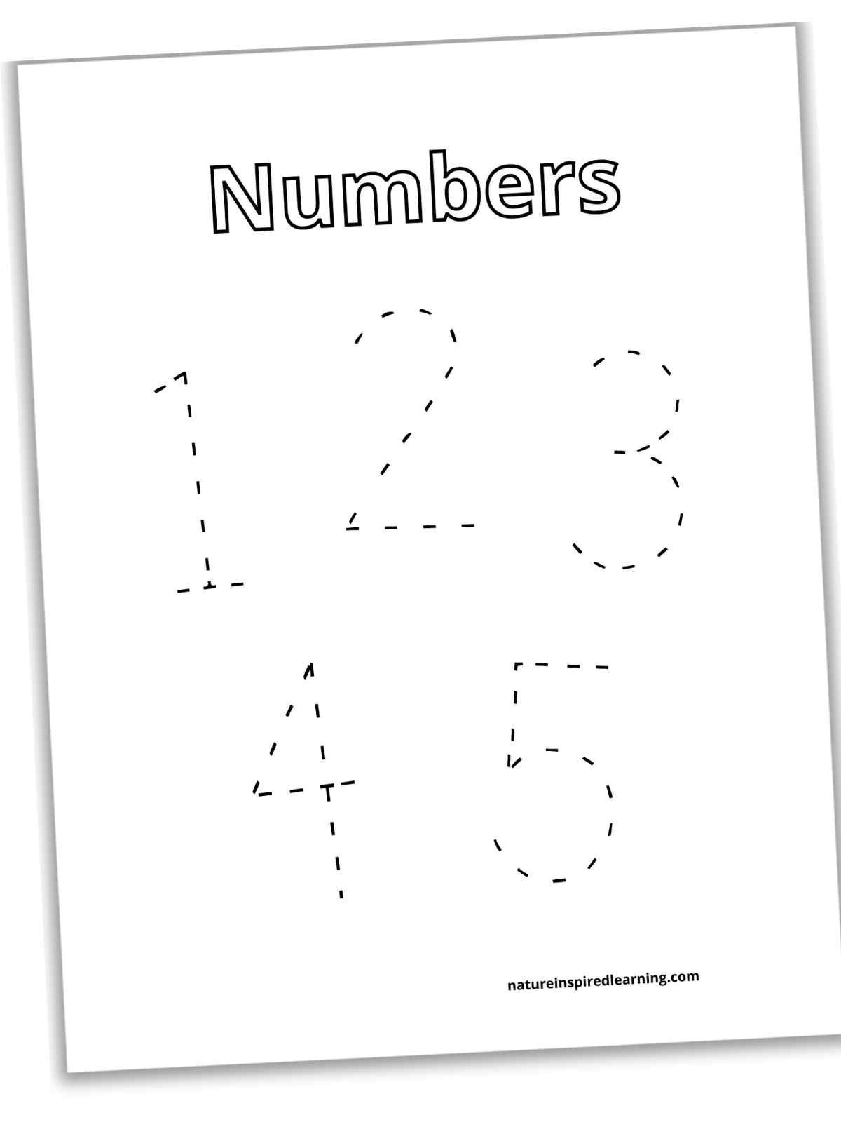 slanted black and white worksheet with randomly placed large numbers 1, 2, 3, 4, and 5 in dashed font with a title across the top.