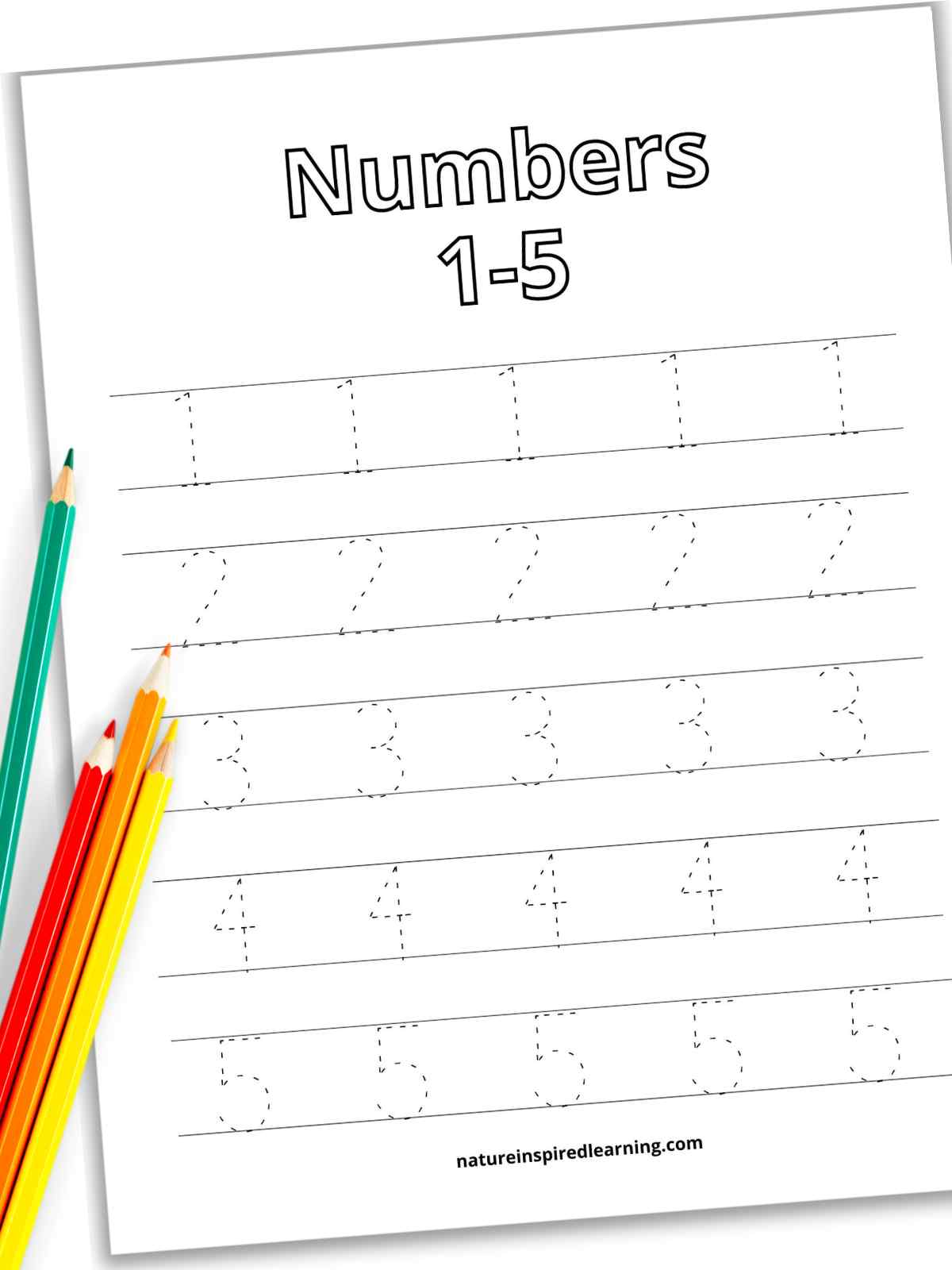 slanted black and white worksheet with five sets of lines with dashed outline of numbers one, two, three, four, and five on the lines. Title across the top and four bright colored pencils on top of the worksheet left side.