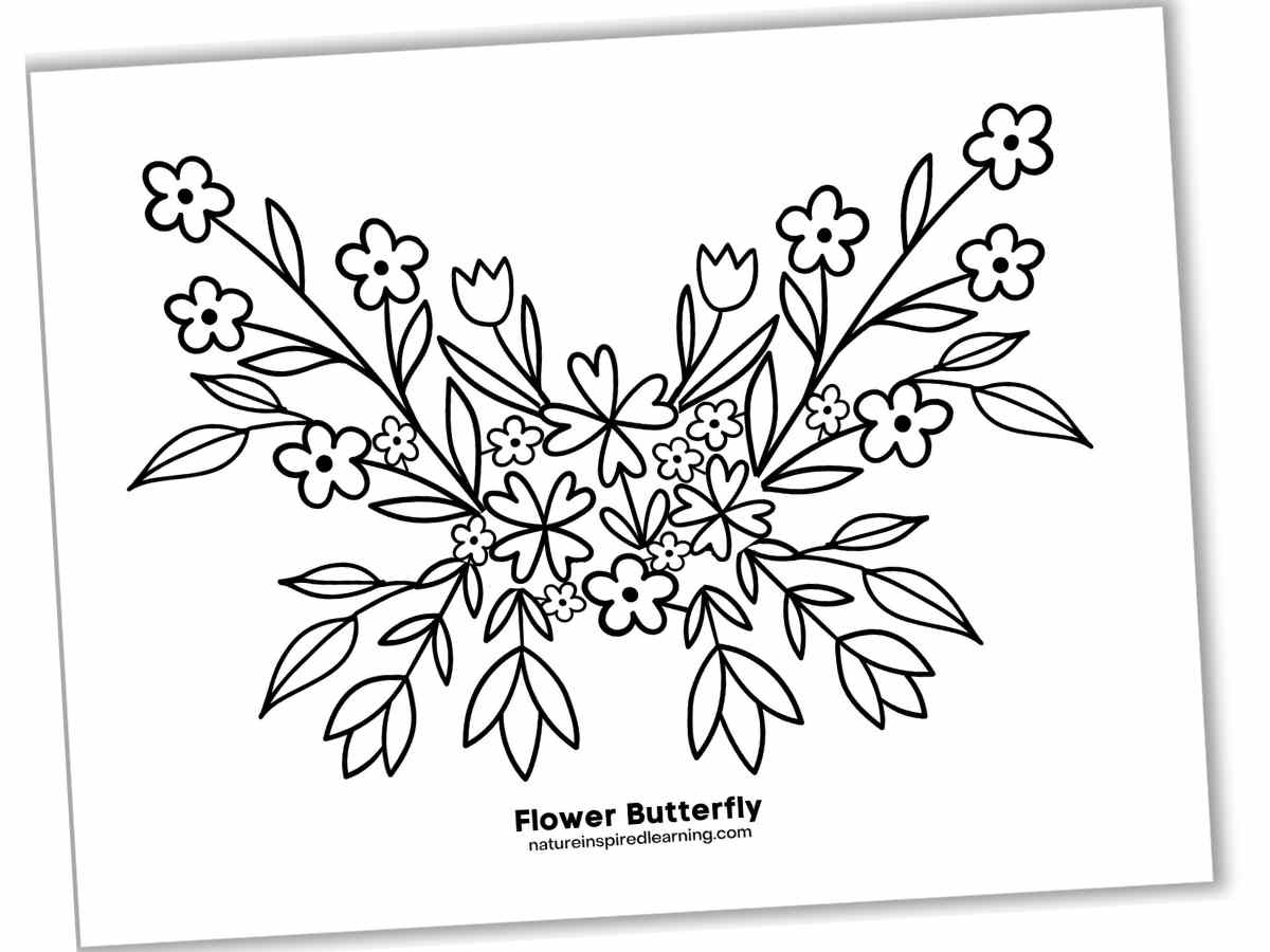 black and white page with a butterfly design made out of different flowers.