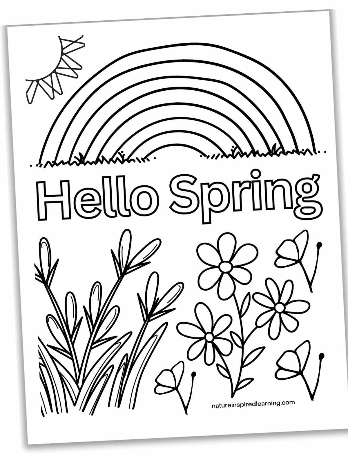 black and white printable with a large rainbow, sun, grass, Hello Spring in outline form, and a collection of spring blooming flowers.
