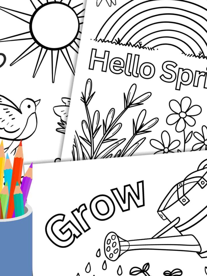 overlapping black and white printables with a rainbow, sun, birds, seedlings, watering can, and flowers with a blue cup filled with colored pencils bottom left corner.