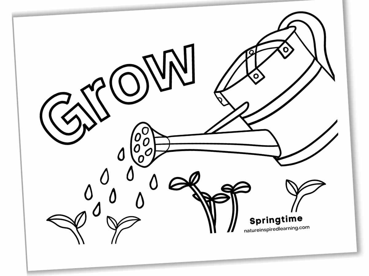 Black and white printable with a large watering can, drops of water, small seedlings with two leaves, and the large word Grow in outline form.