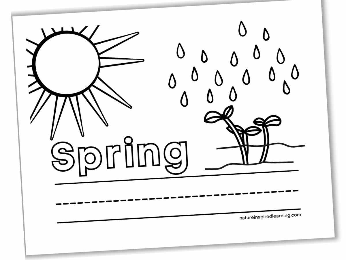 Black and white design with a large sun with rays, rain drops, and small seedlings in the dirt with Spring in outline form above a set of lines.