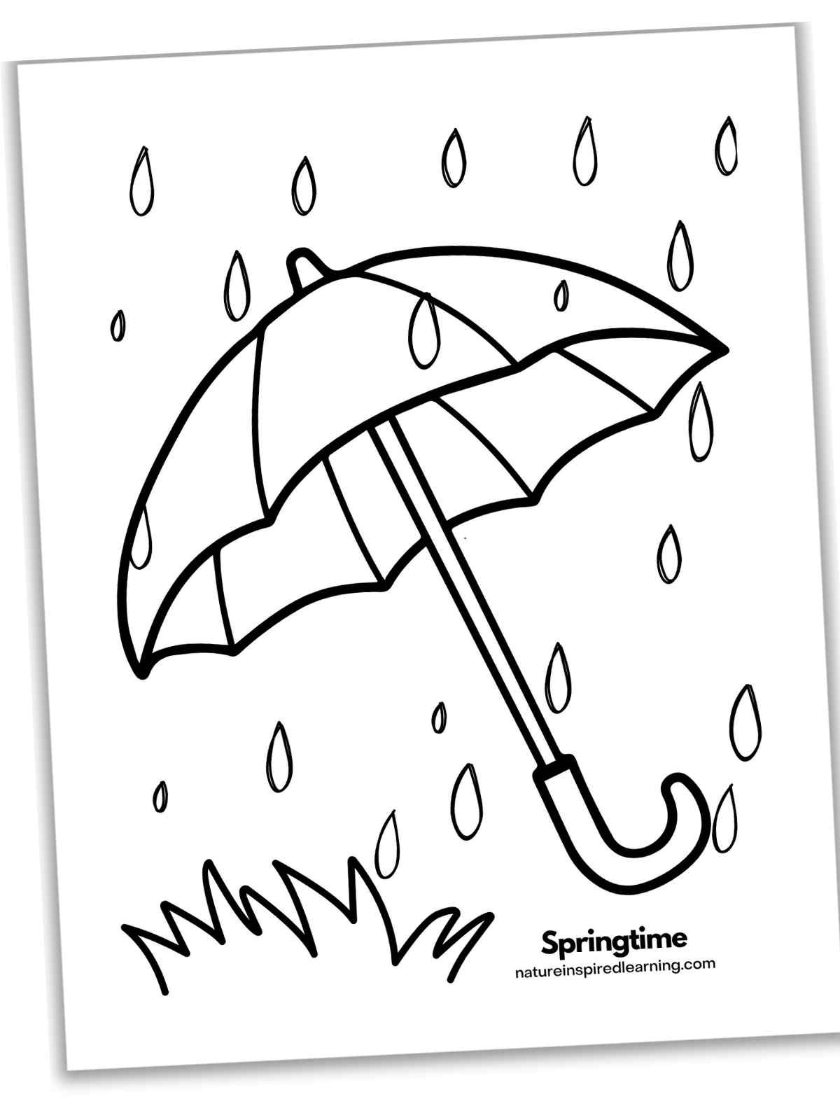 black and white printable with a large umbrella with raindrops with grass