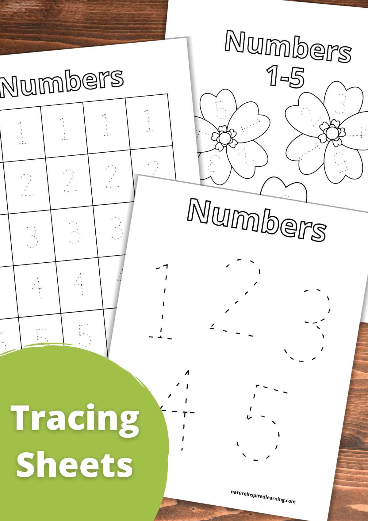 overlapping number worksheets with outlines of numbers one, two, three, four, and five on each sheet on a wooden background with a bright green circle bottom left with white text overlay.