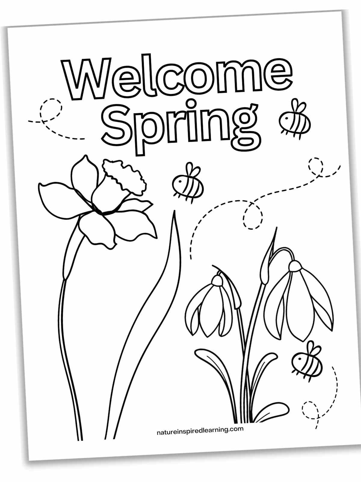 black and white printable with Welcome Spring across the top in outline form, three bumble bees in between a daffodil and spring flowers with lopped dashed lines.