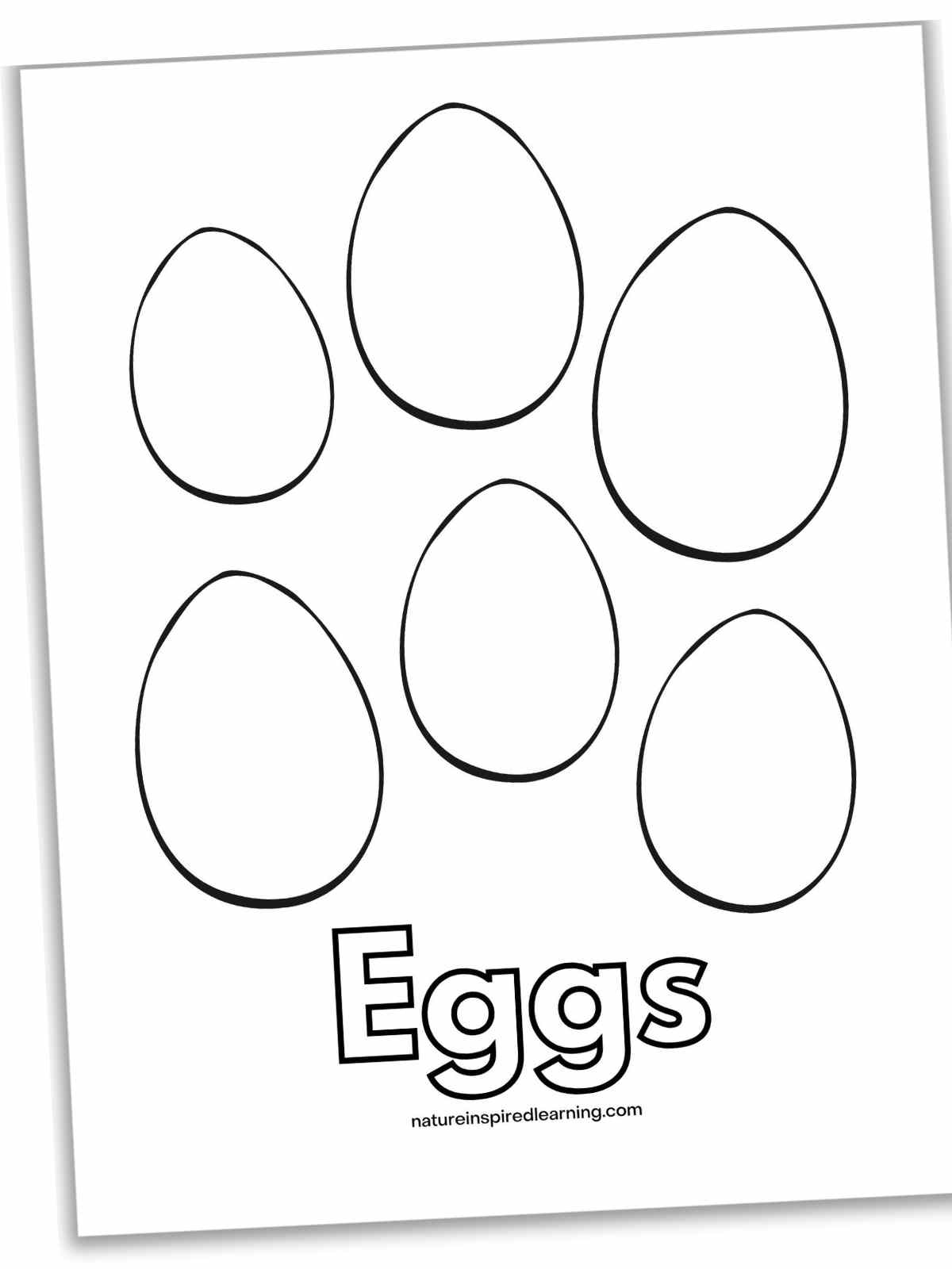 six eggs randomly arranged above Eggs written in outline form