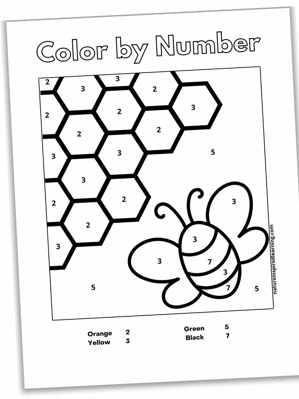 black and white printable with honeycombs and a bee with numbers inside the design with a color key below slanted with a drop shadow.