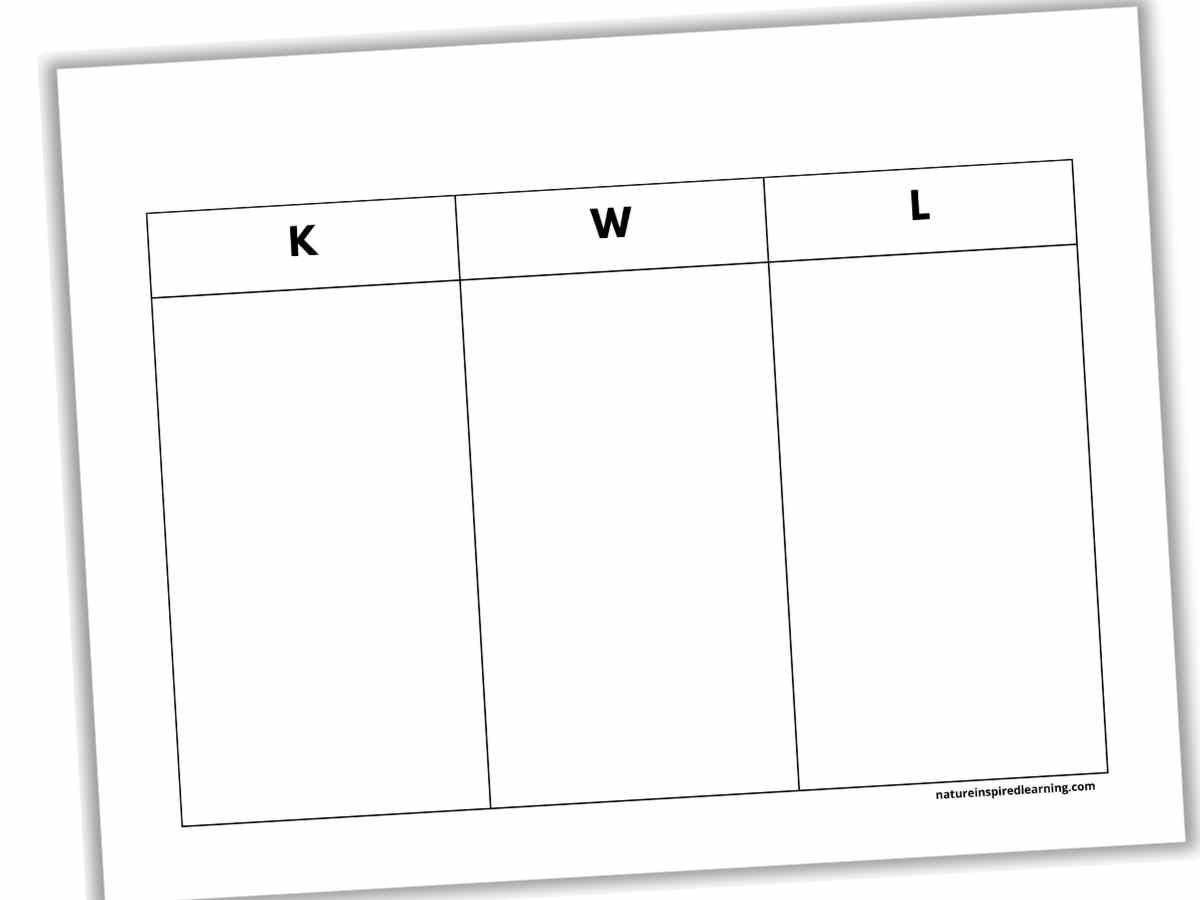 basic black and white printable chart with three columns with letters K, W, L as headings