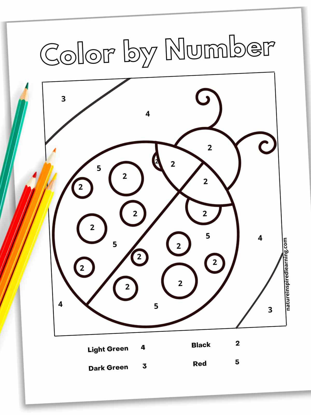 black and white printable with a ladybug with numbers on it with a color key below and title across top. Colored pencils on left side of sheet.
